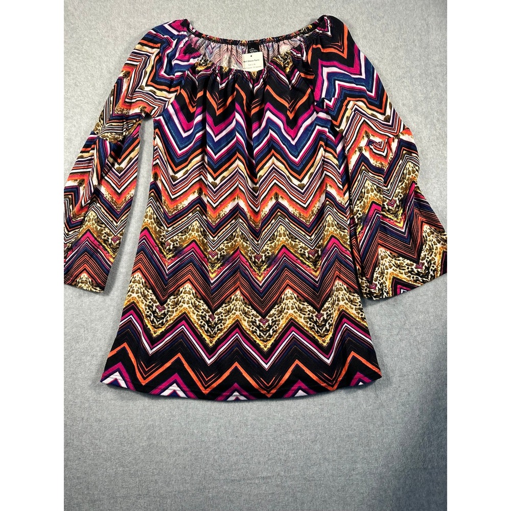WinWin Bell Sleeve Tunic Top L-XL Chevron Leopard Print Boho Multi-Color NWT